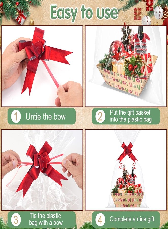 Pascliyna 24 Set Christmas Gift Baskets Empty 10x7 Inch, Kraft Paper Christmas Gifts Baskets with Cellophane Bags and Red Pull Bows, Reusable Gift Wrapping for Xmas Holiday Winter Party Supplies - Image 5